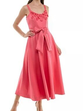 Taylor NWT Coral Midi Dress with Floral Applique and Waist Tie